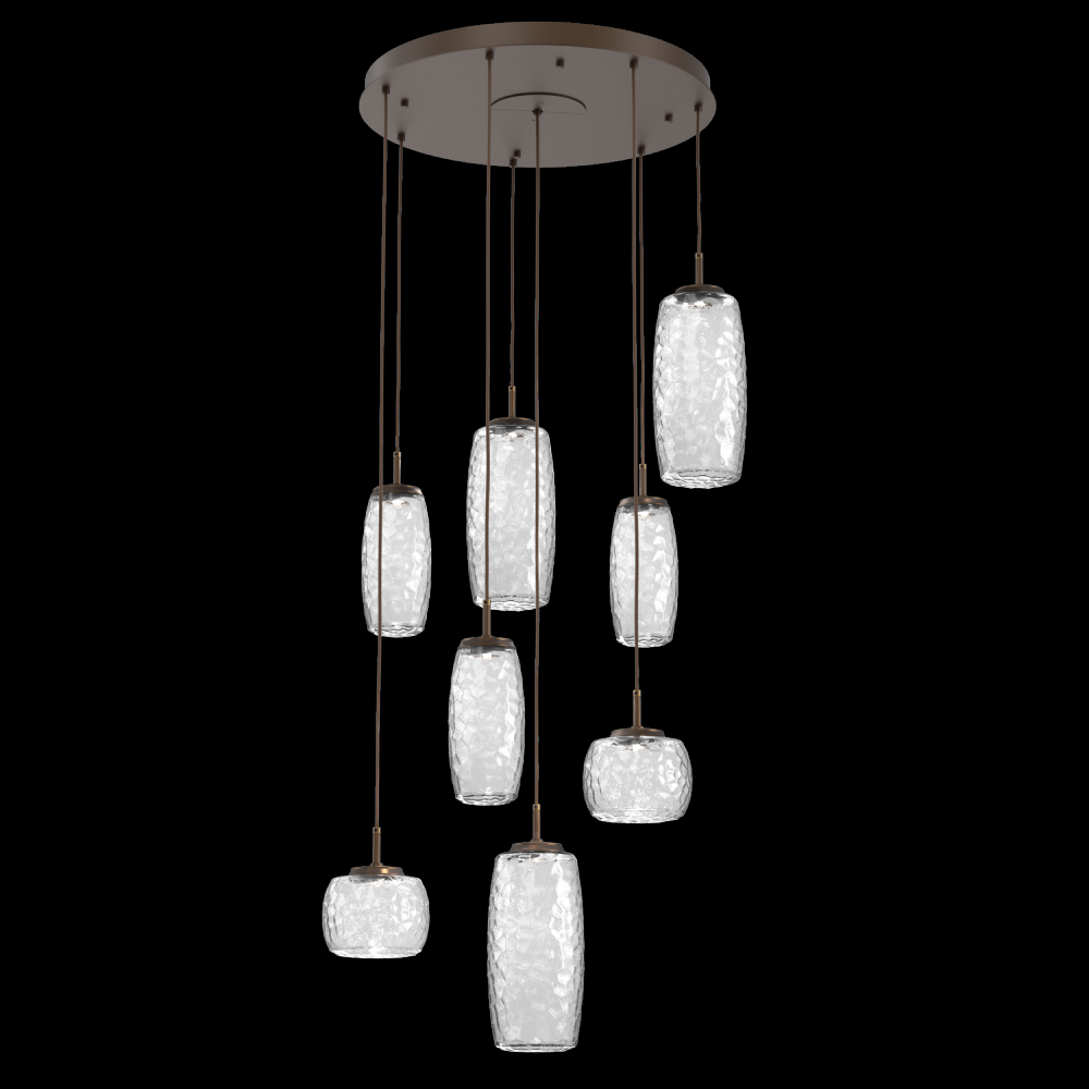 Vessel 8pc Round Multi-Pendant-Flat Bronze-Clear Blown Glass-Cloth Braided Cord-LED 3000K