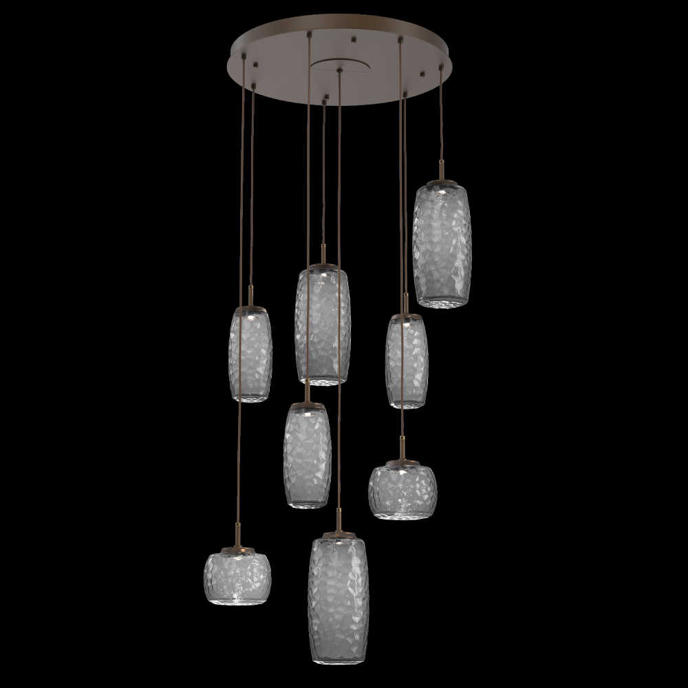 Vessel 8pc Round Multi-Pendant-Flat Bronze-Smoke Blown Glass-Cloth Braided Cord-LED 3000K