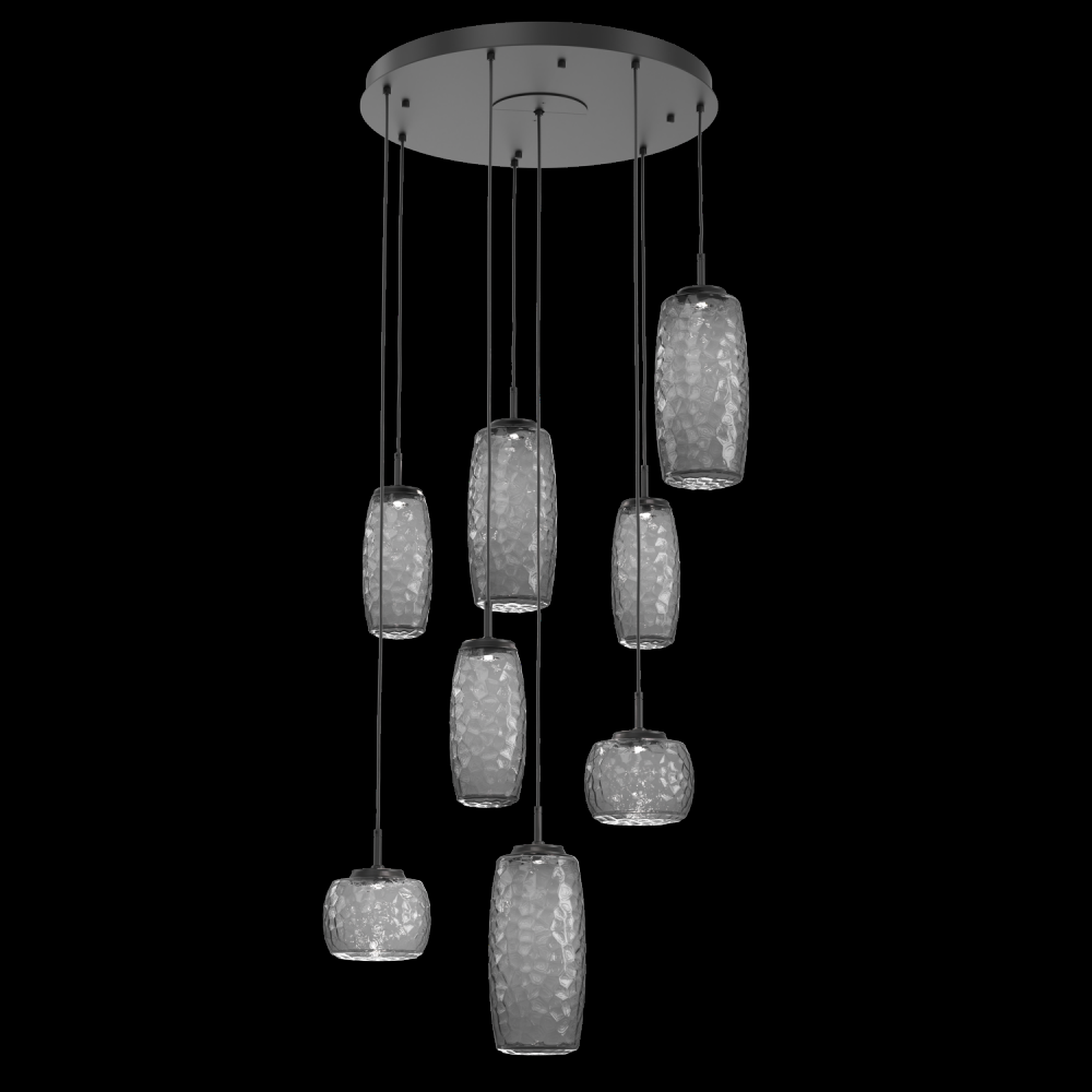 Vessel 8pc Round Multi-Pendant-Matte Black-Smoke Blown Glass-Cloth Braided Cord-LED 2700K