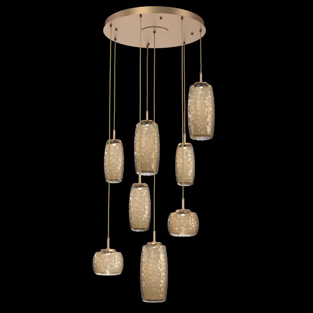 Vessel 8pc Round Multi-Pendant-Novel Brass-Bronze Blown Glass-Cloth Braided Cord-LED 3000K