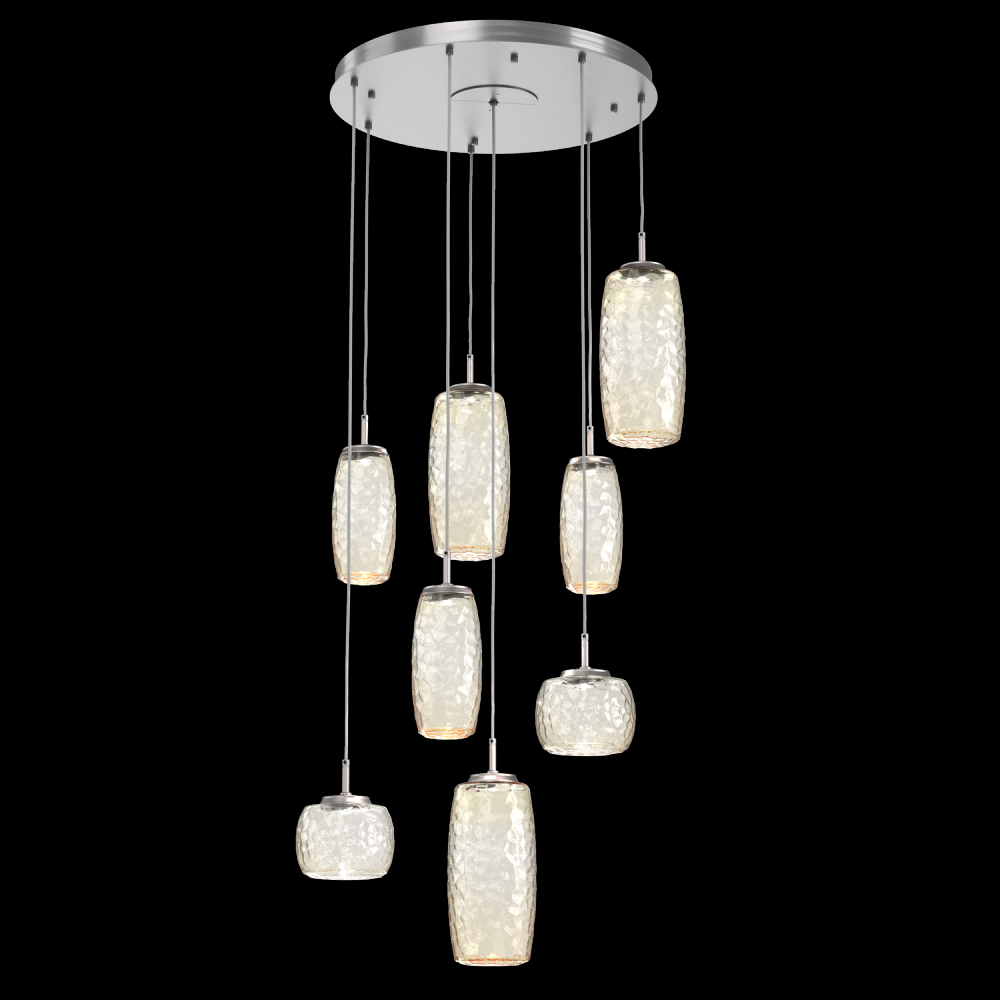 Vessel 8pc Round Multi-Pendant-Satin Nickel-Amber Blown Glass-Cloth Braided Cord-LED 3000K