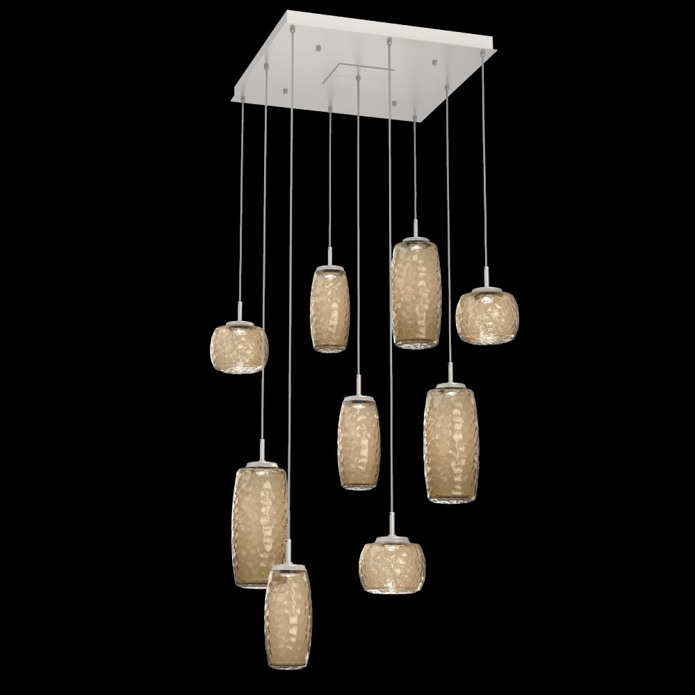 Vessel 9pc Square Multi-Pendant-Beige Silver-Bronze Blown Glass-Cloth Braided Cord-LED 2700K