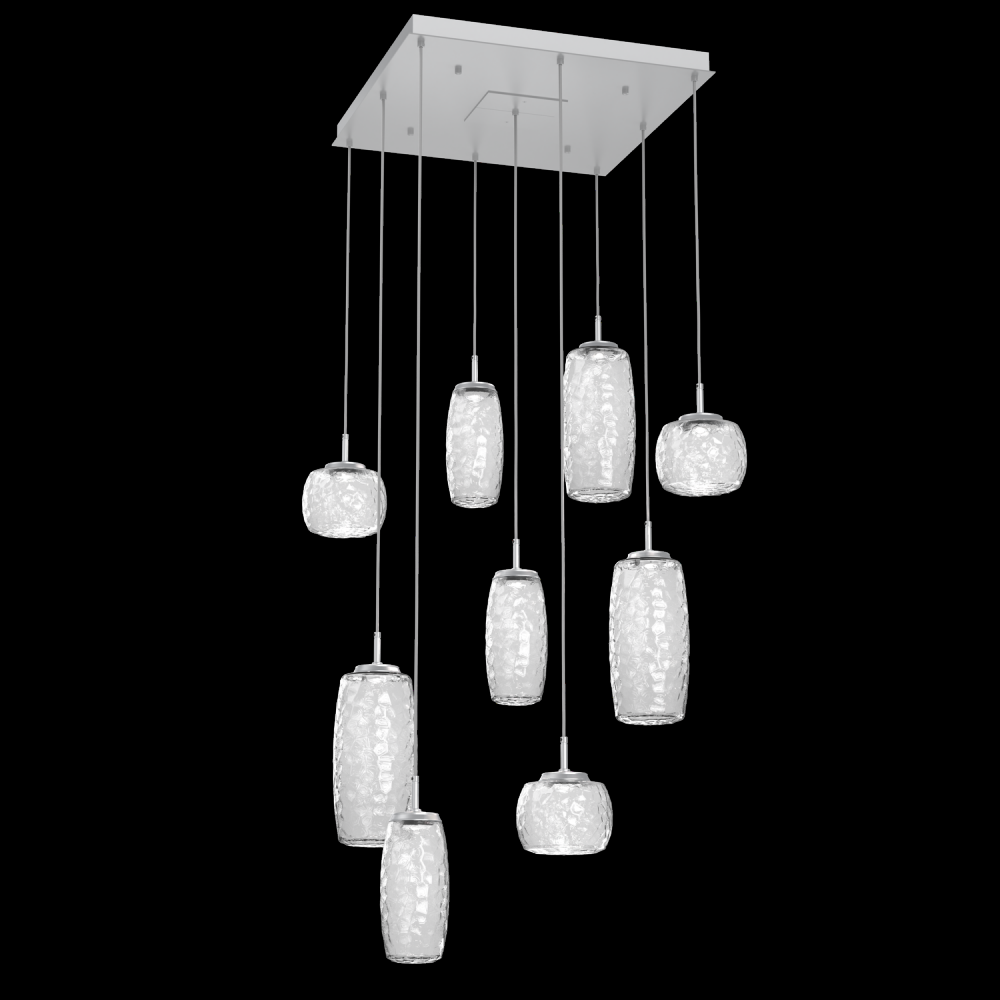 Vessel 9pc Square Multi-Pendant-Classic Silver-Clear Blown Glass-Cloth Braided Cord-LED 3000K