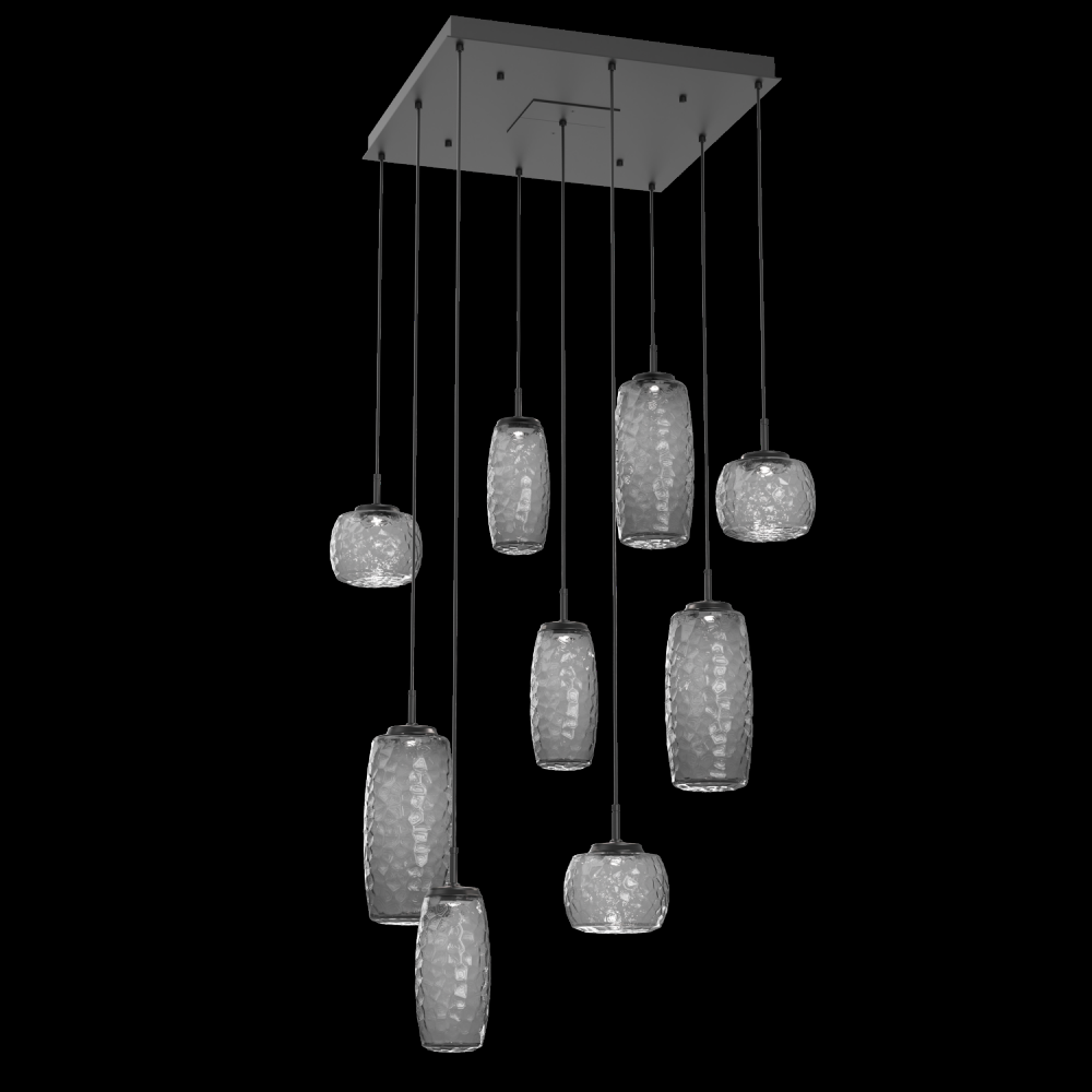 Vessel 9pc Square Multi-Pendant-Matte Black-Smoke Blown Glass-Cloth Braided Cord-LED 2700K