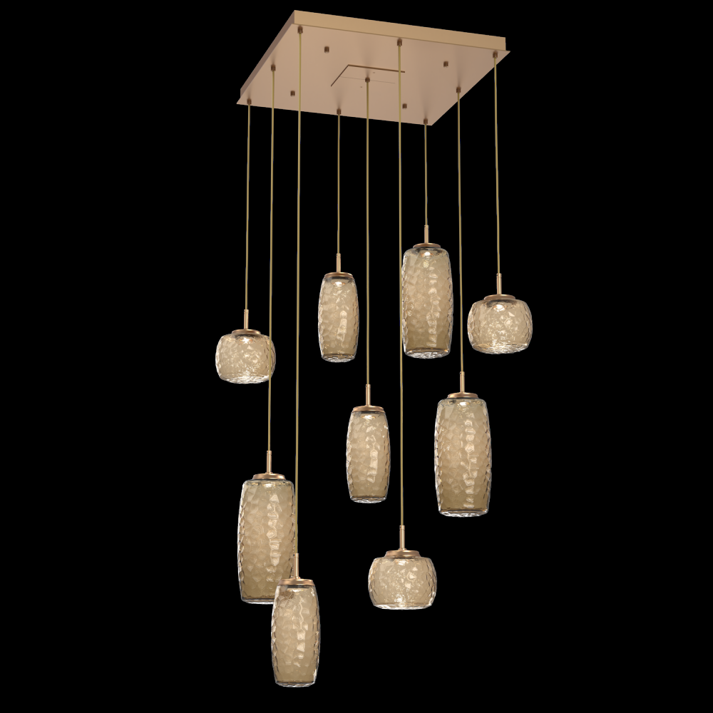 Vessel 9pc Square Multi-Pendant-Novel Brass-Bronze Blown Glass-Cloth Braided Cord-LED 2700K