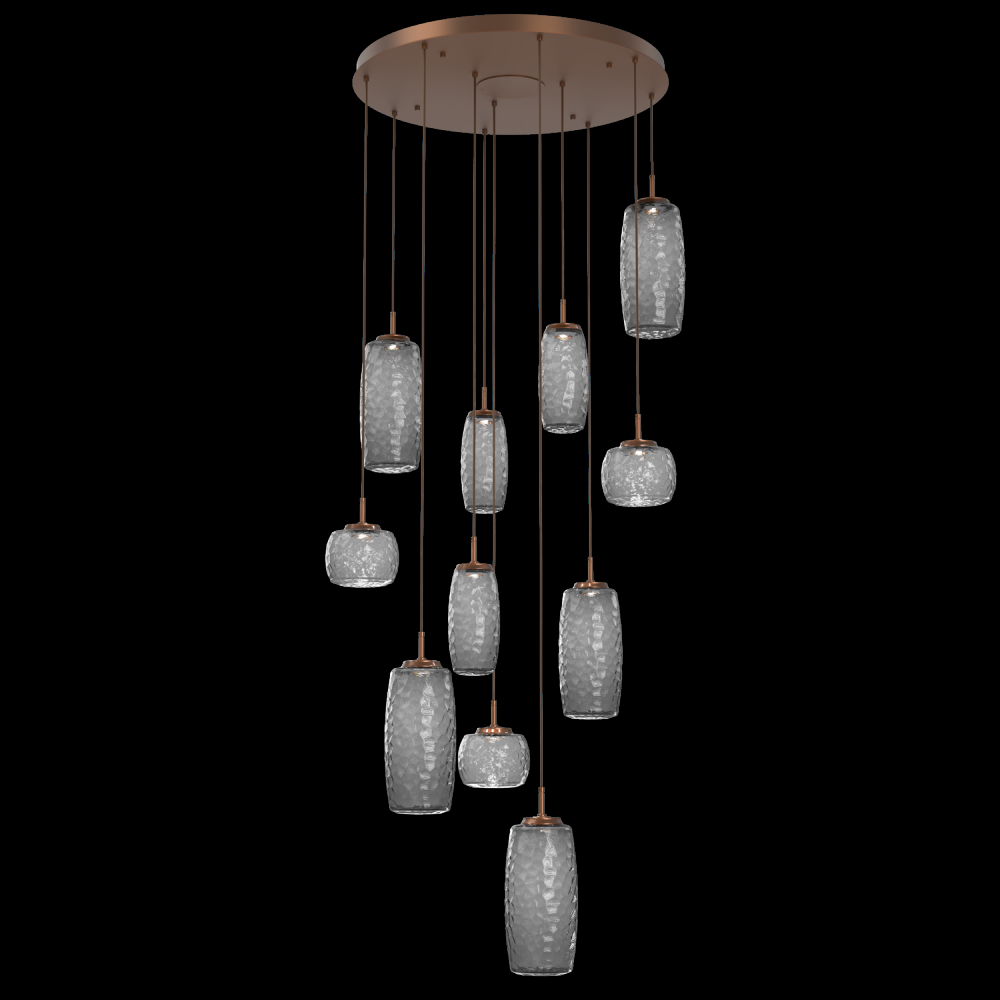 Vessel 11pc Round Multi-Pendant-Burnished Bronze-Smoke Blown Glass-Cloth Braided Cord-LED 3000K