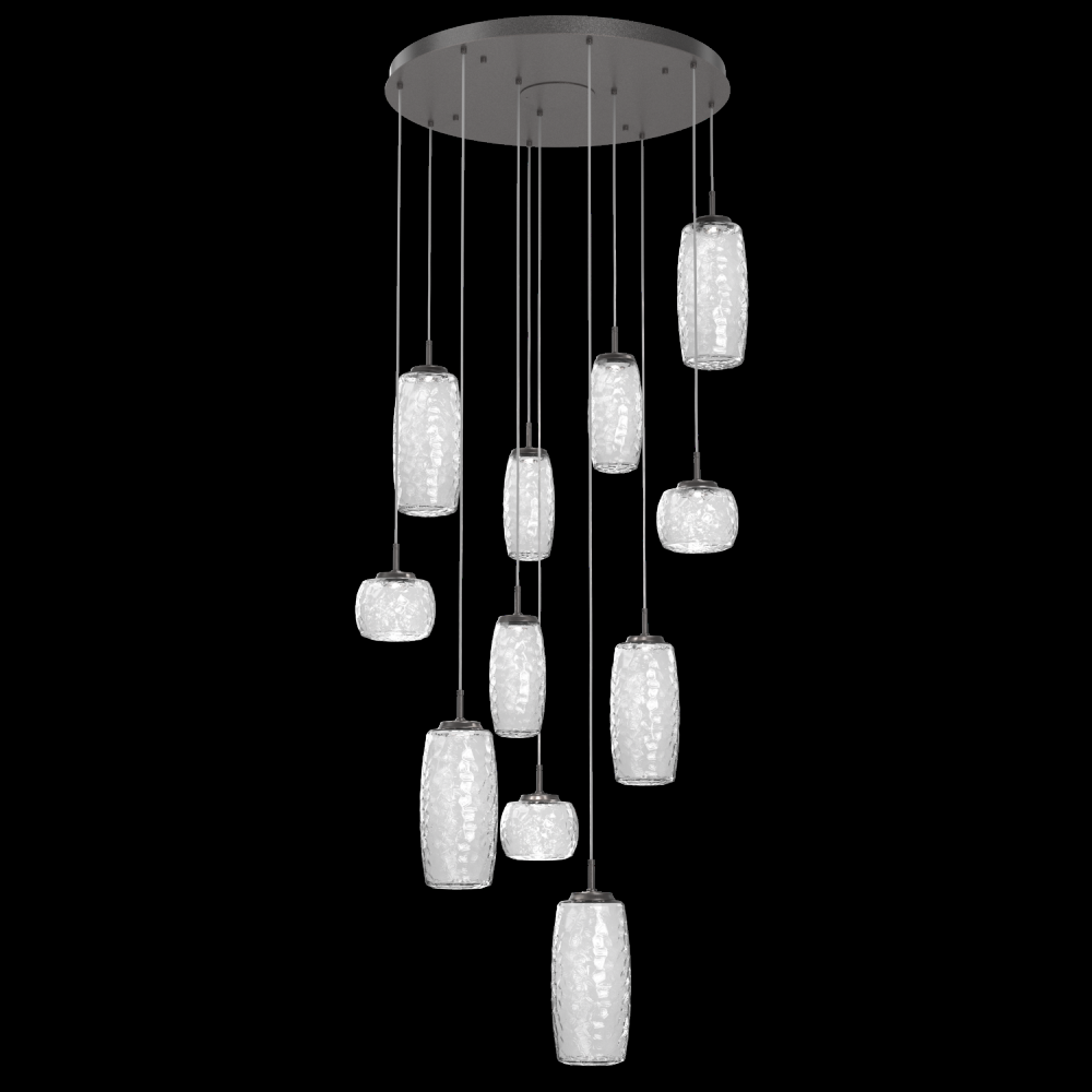 Vessel 11pc Round Multi-Pendant-Graphite-Clear Blown Glass-Cloth Braided Cord-LED 3000K