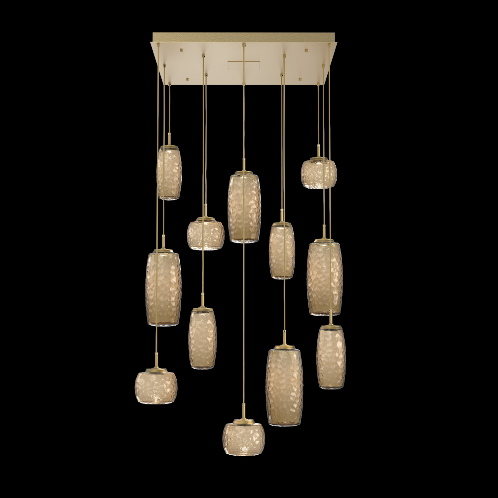 Vessel 12pc Square Multi-Pendant-Gilded Brass-Bronze Blown Glass-Cloth Braided Cord-LED 3000K