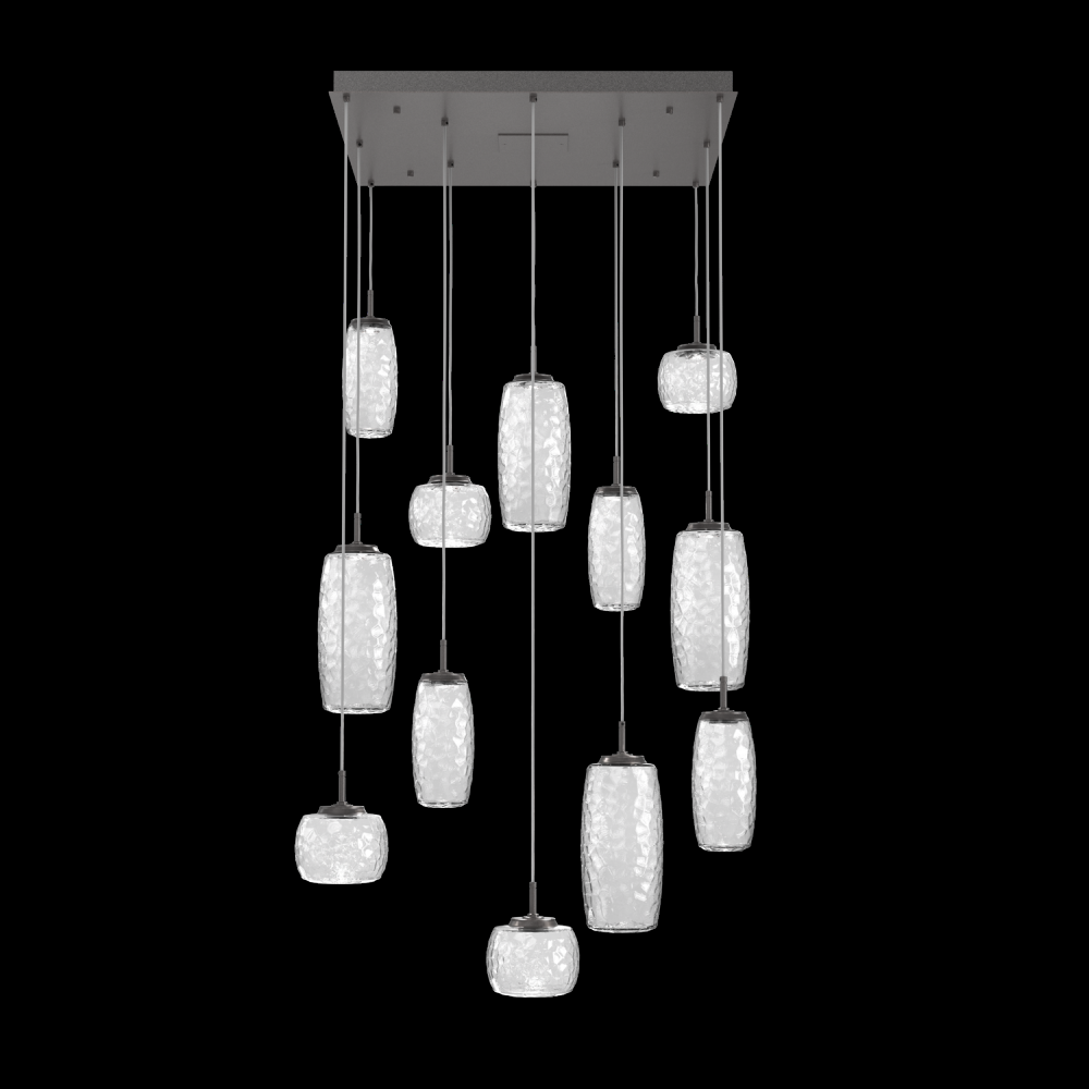 Vessel 12pc Square Multi-Pendant-Graphite-Clear Blown Glass-Cloth Braided Cord-LED 3000K