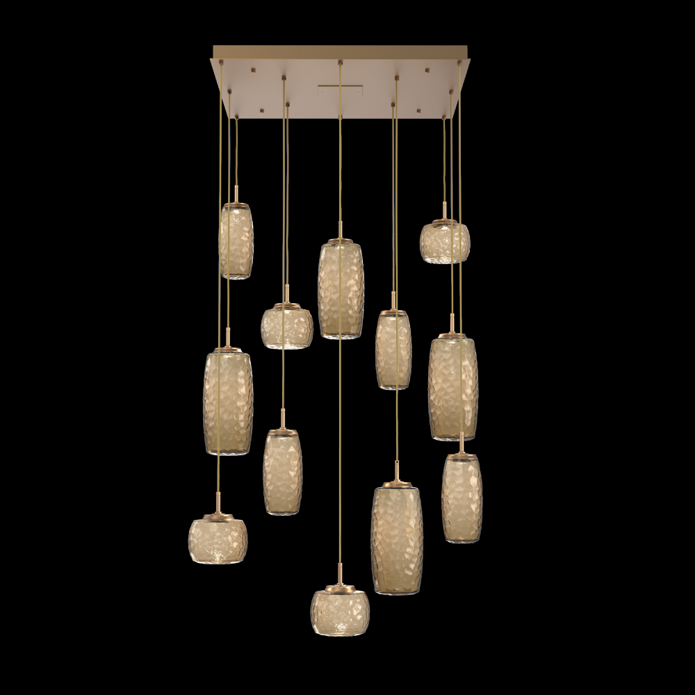 Vessel 12pc Square Multi-Pendant-Novel Brass-Bronze Blown Glass-Cloth Braided Cord-LED 3000K