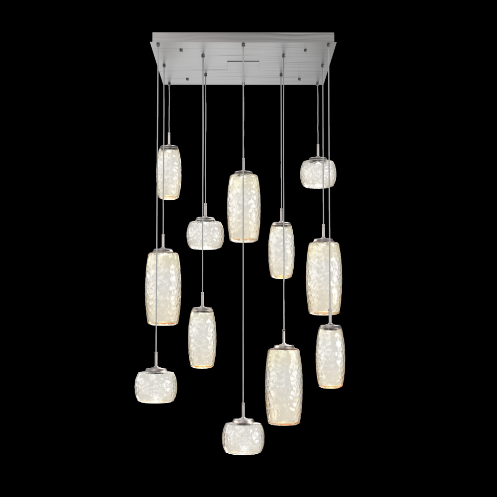 Vessel 12pc Square Multi-Pendant-Satin Nickel-Amber Blown Glass-Cloth Braided Cord-LED 3000K