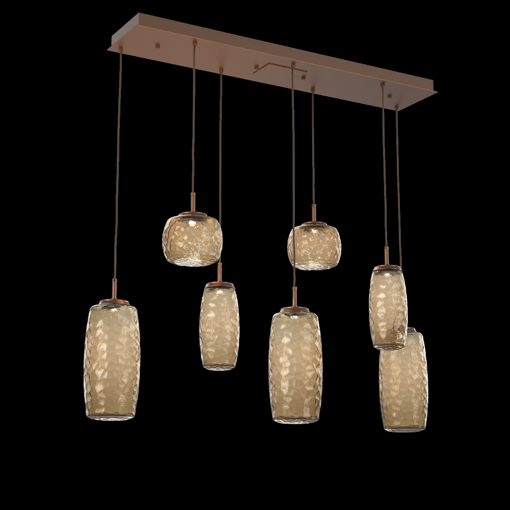 Vessel 7pc Linear Multi-Pendant-Burnished Bronze-Bronze Blown Glass-Cloth Braided Cord-LED 2700K