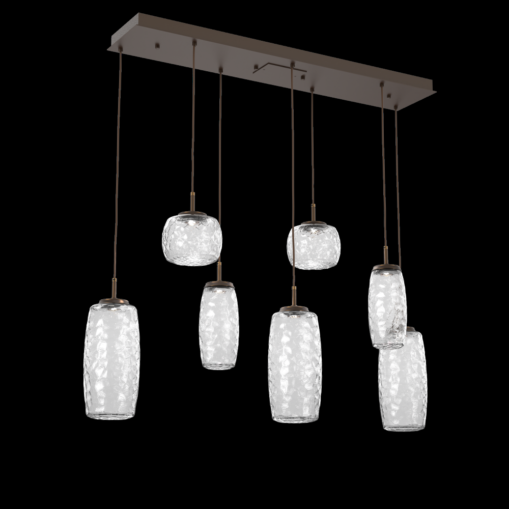 Vessel 7pc Linear Multi-Pendant-Flat Bronze-Clear Blown Glass-Cloth Braided Cord-LED 2700K