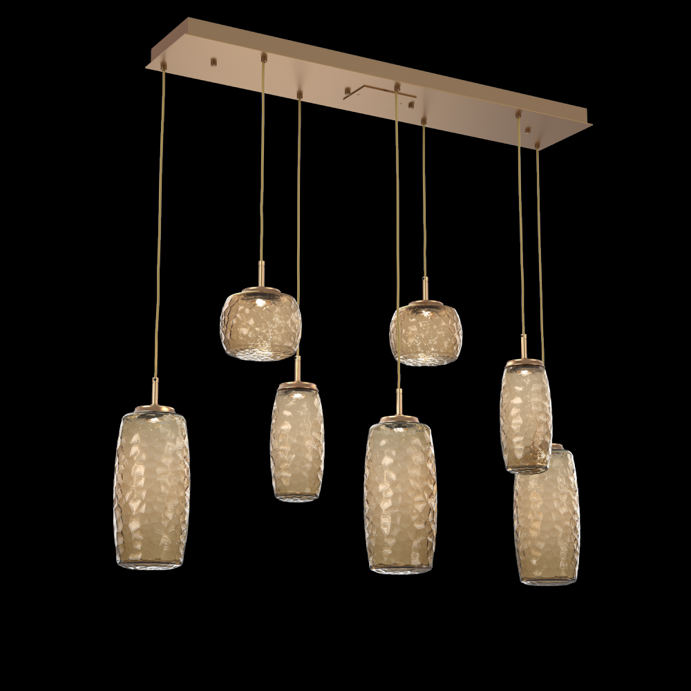 Vessel 7pc Linear Multi-Pendant-Novel Brass-Bronze Blown Glass-Cloth Braided Cord-LED 3000K