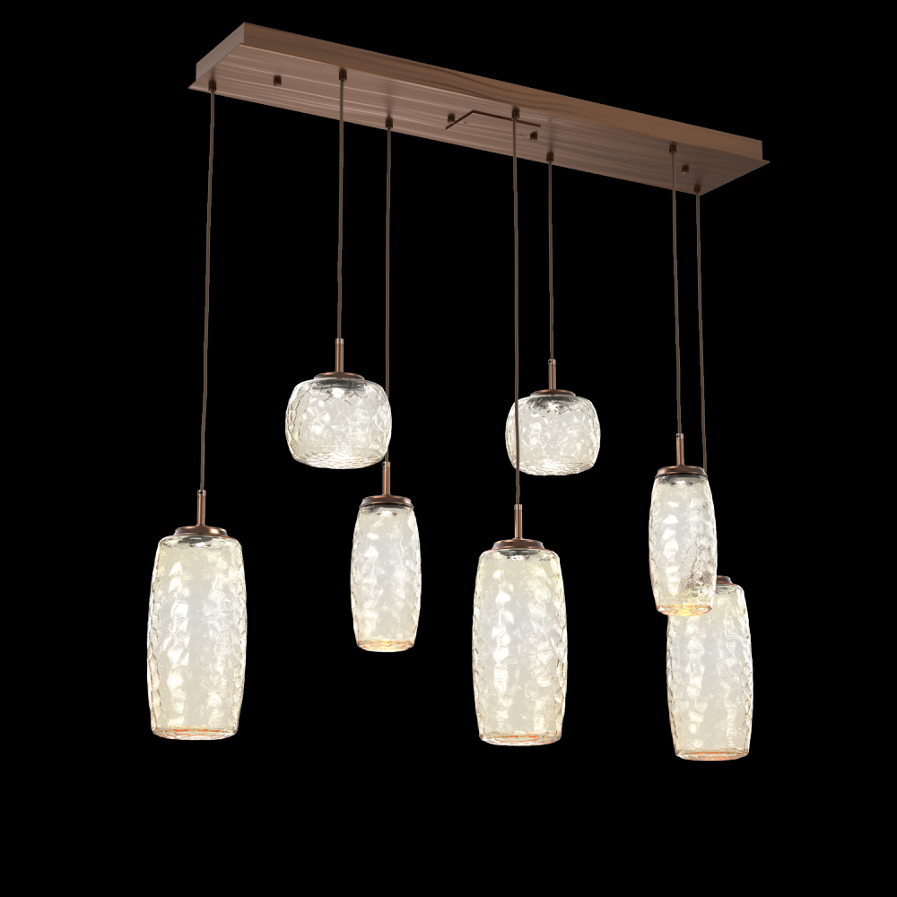 Vessel 7pc Linear Multi-Pendant-Oil Rubbed Bronze-Amber Blown Glass-Cloth Braided Cord-LED 3000K