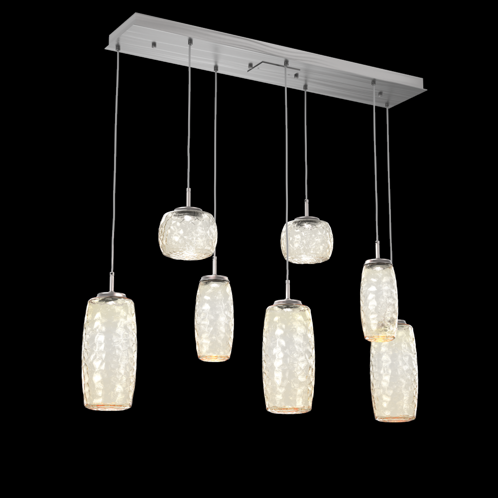 Vessel 7pc Linear Multi-Pendant-Satin Nickel-Amber Blown Glass-Cloth Braided Cord-LED 3000K