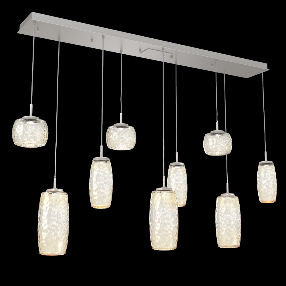 Vessel 9pc Linear Multi-Pendant-Beige Silver-Amber Blown Glass-Cloth Braided Cord-LED 2700K