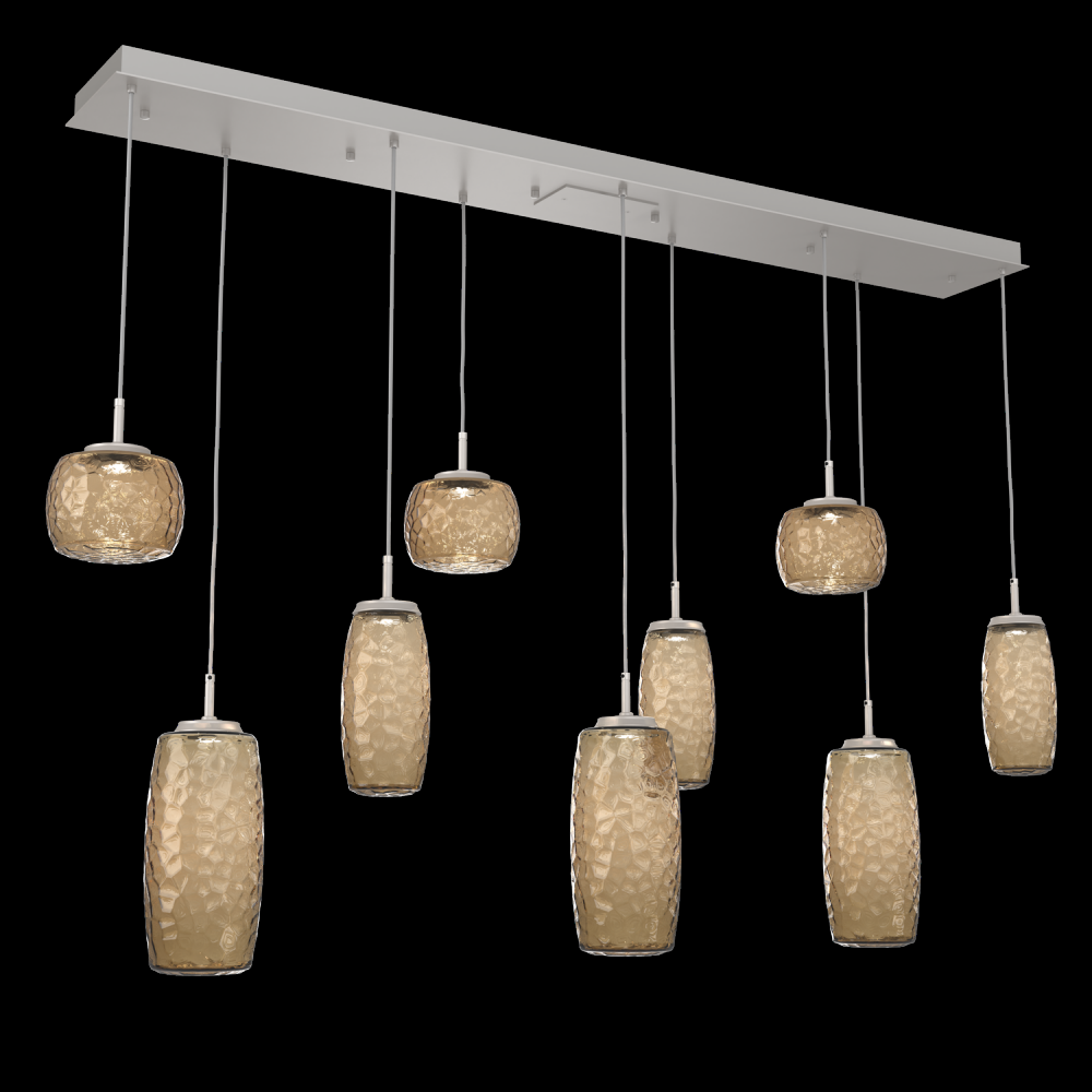 Vessel 9pc Linear Multi-Pendant-Beige Silver-Bronze Blown Glass-Cloth Braided Cord-LED 2700K