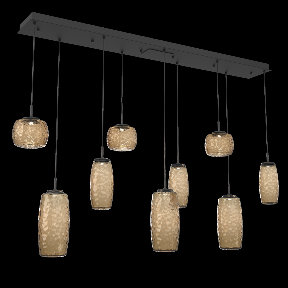 Vessel 9pc Linear Multi-Pendant-Matte Black-Bronze Blown Glass-Cloth Braided Cord-LED 2700K