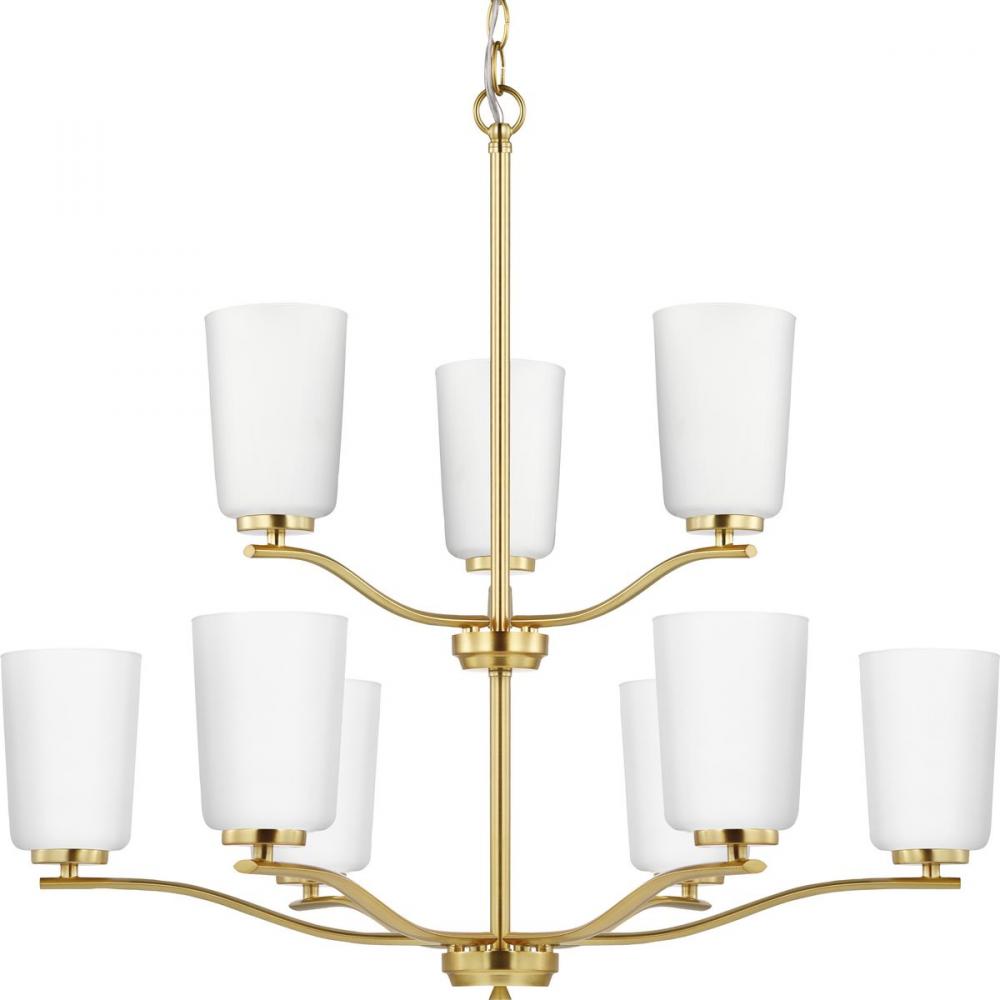 Adley Collection Nine-Light Satin Brass Etched White Glass New Traditional Chandelier