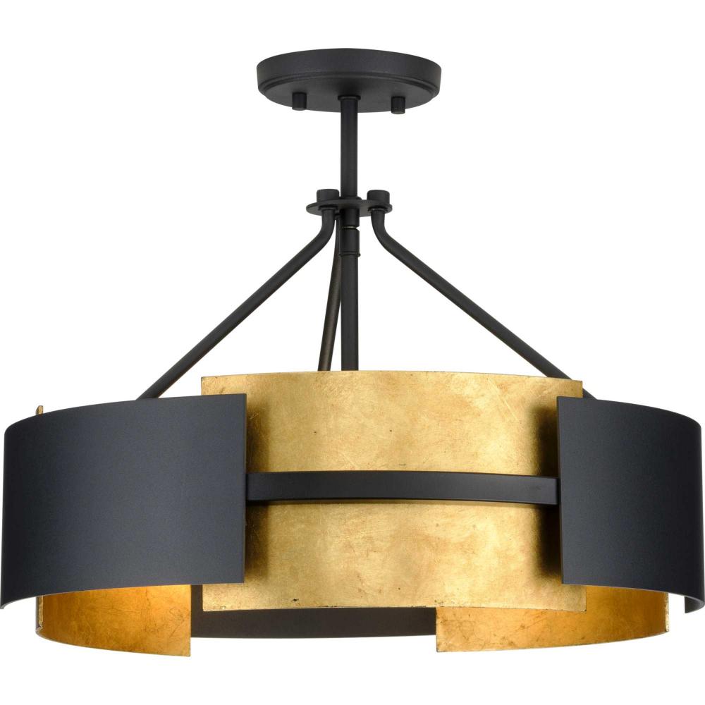 Lowery Collection Three-Light Textured Black Industrial Luxe Semi-Flush Mount with Distressed Gold L