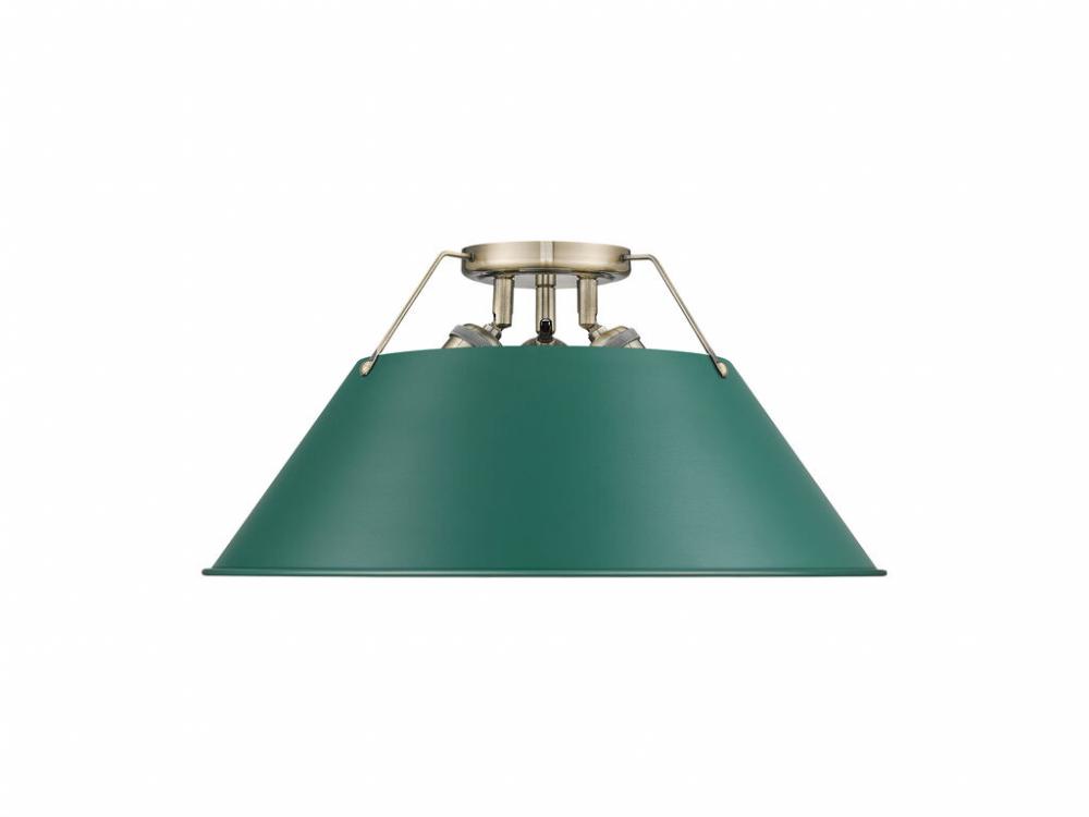 Orwell 3-Light Flush Mount in Aged Brass with Pine Green