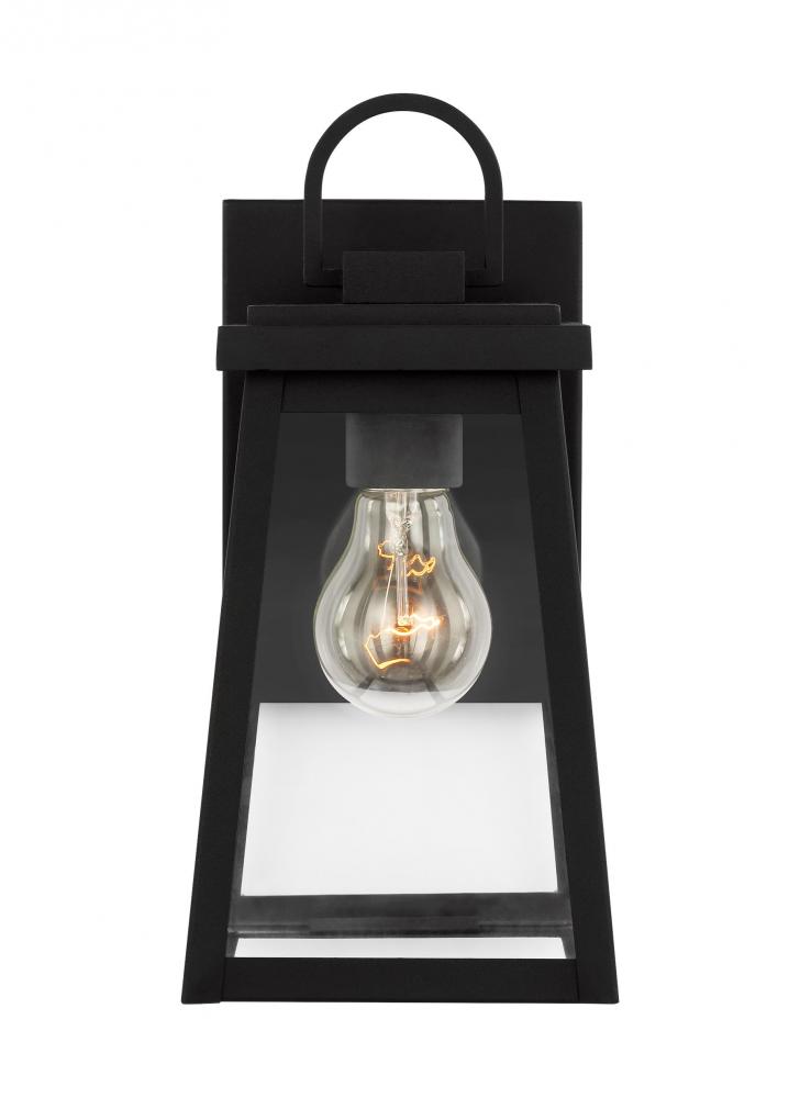 Founders modern 1-light LED outdoor exterior small wall lantern sconce in black finish with clear gl