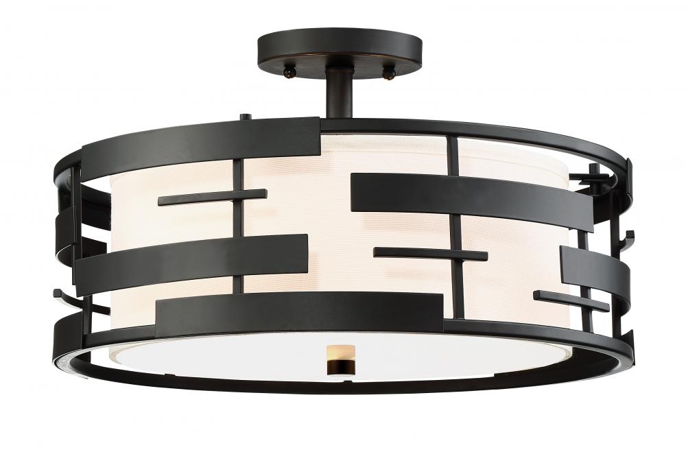 Lansing - 3 Light Semi Flush with White Fabric Shade & Opal Diffuser - Midnight Bronze Finish