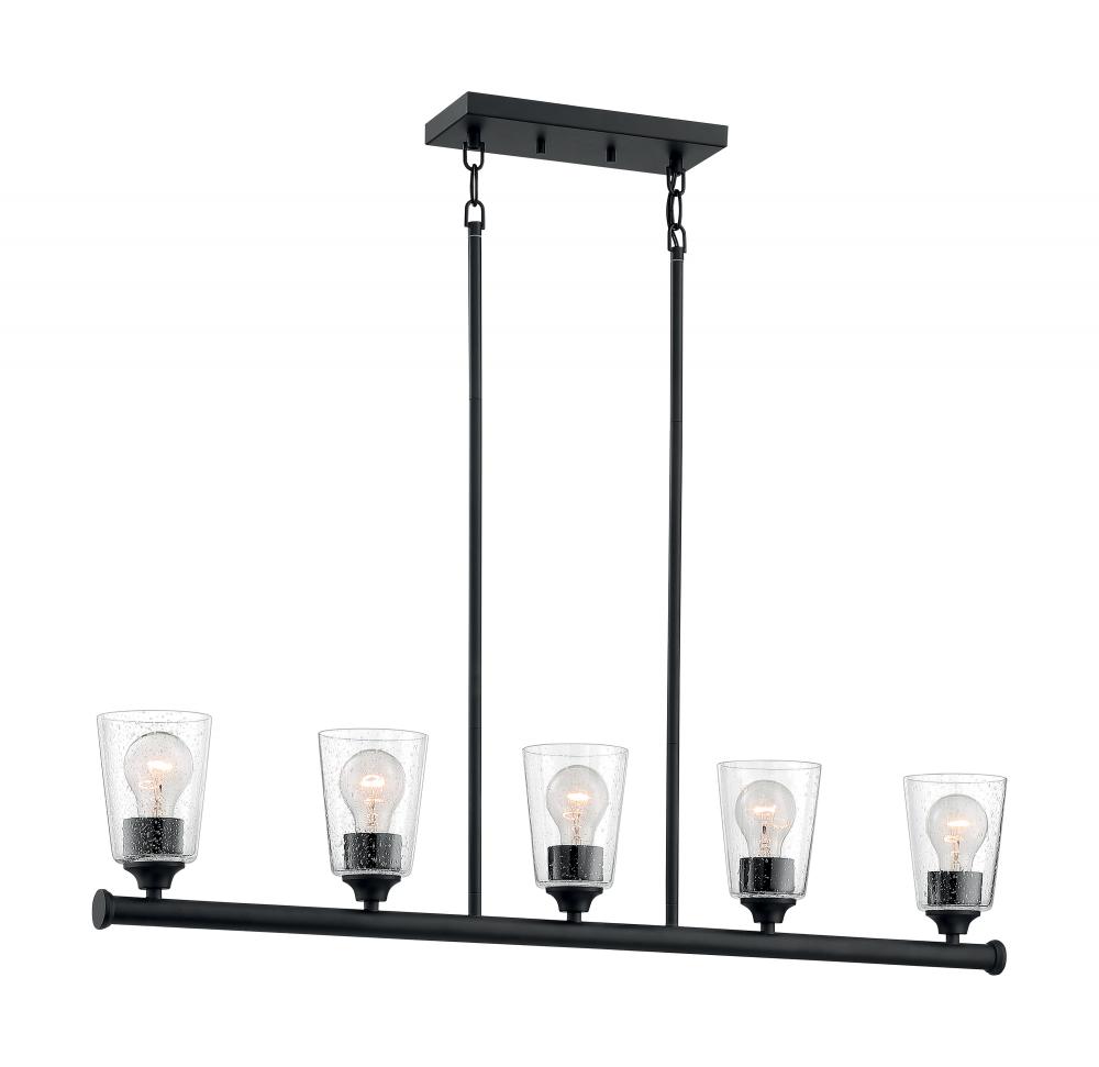 Bransel - 5 Light Island Pendant with Seeded Glass - Matte Black Finish