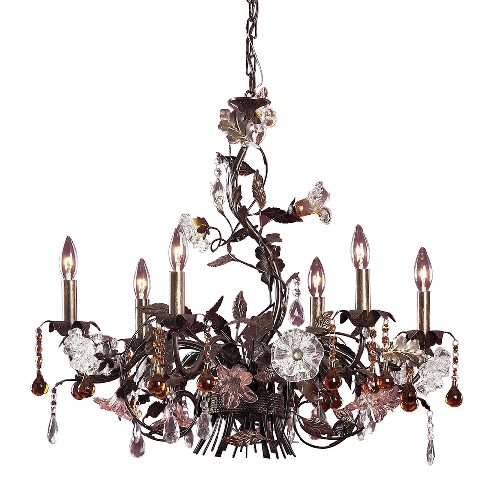 Cristallo Fiore 6-Light Chandelier in Deep Rust with Clear and Amber Florets